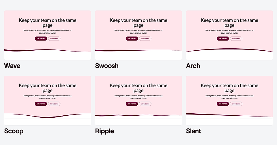 Six examples of a website hero section background with a curved bottom edge