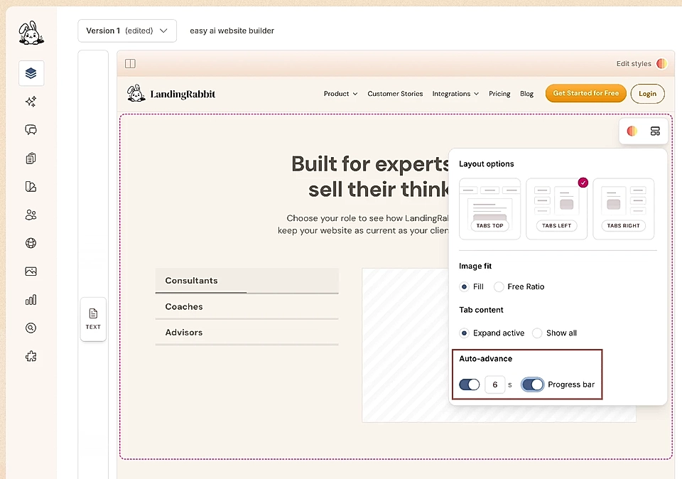 Setting auto-advance for the LandingRabbit Tabs section