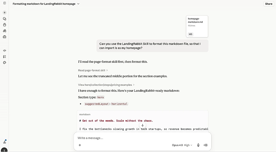 Formatting markdown with the LandingRabbit Skill in Claude
