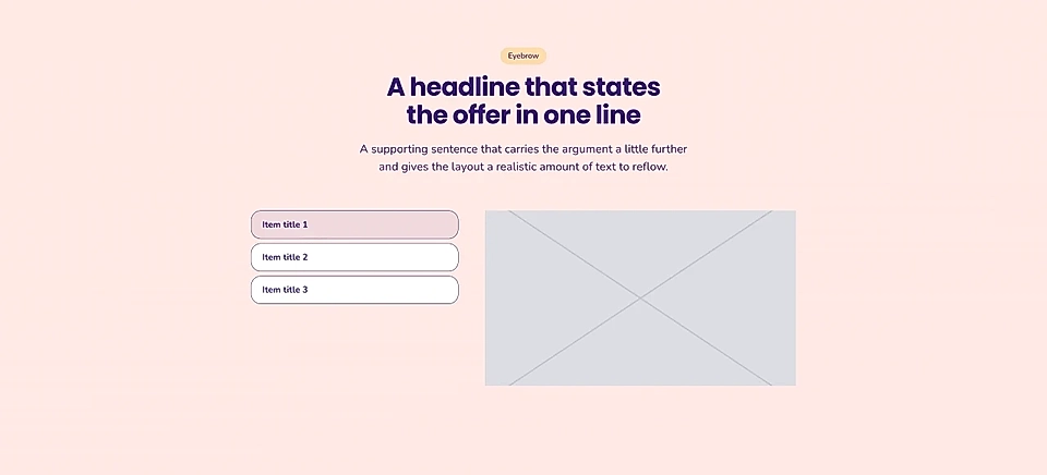 Landing page mockup with headline, supporting text, three item buttons, and an image placeholder