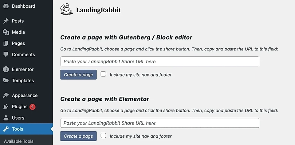 Choose your WordPress editor (Elementor or Gutenberg) and add your LandingRabbit share URL