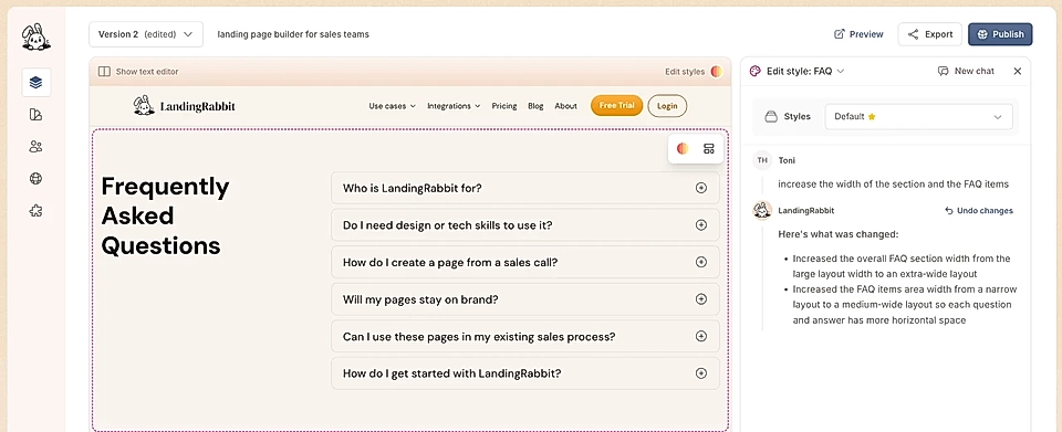 Screenshot of a FAQ section editor in LandingRabbit and editing styles via AI-powered chat