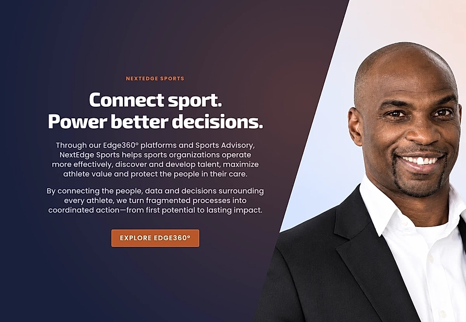 Sports platform landing page with headline and a portrait of a man in a suit