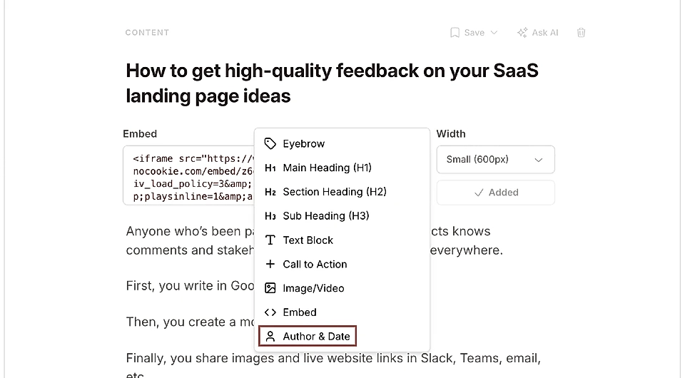 Screenshot of a content editor interface showing options for embedding and author/date settings for a SaaS landing page.