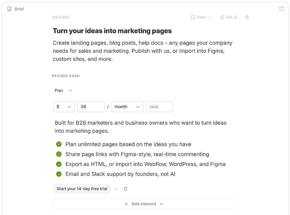LandingRabbit page editor for pricing section