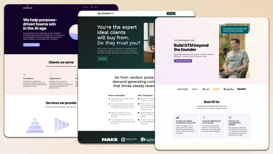 Screenshots of three B2B marketing websites featuring services for AI-driven teams, client engagement, and sales strategies.