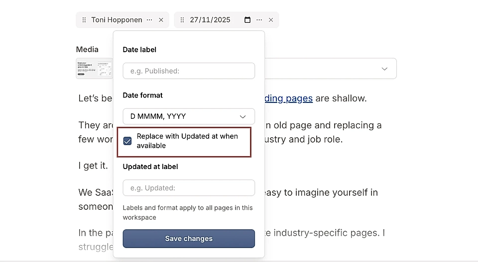 Screenshot of a date input dialog box for updating page information and Updated At field in LandingRabbit