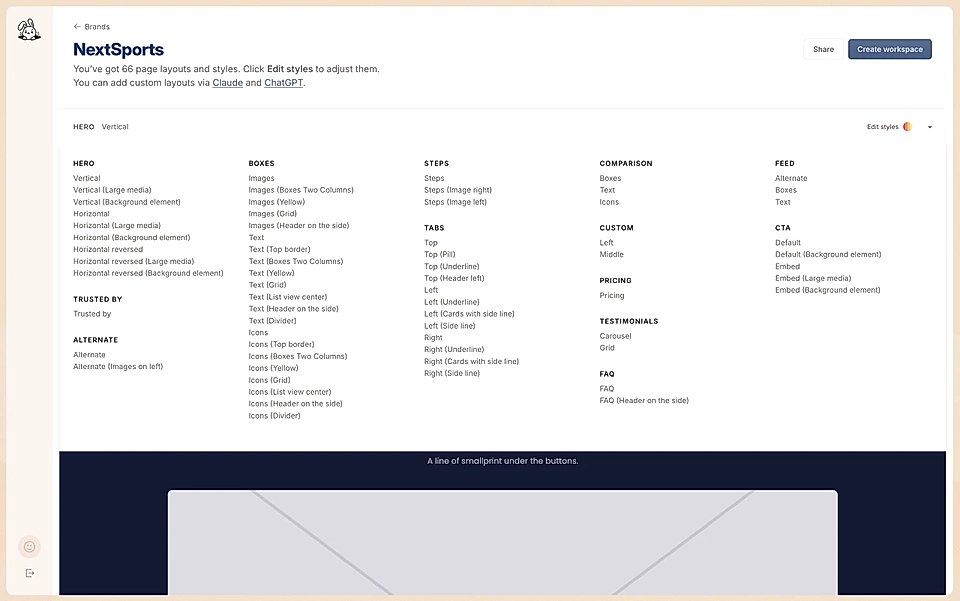 Website design editor showing page layout templates and style options