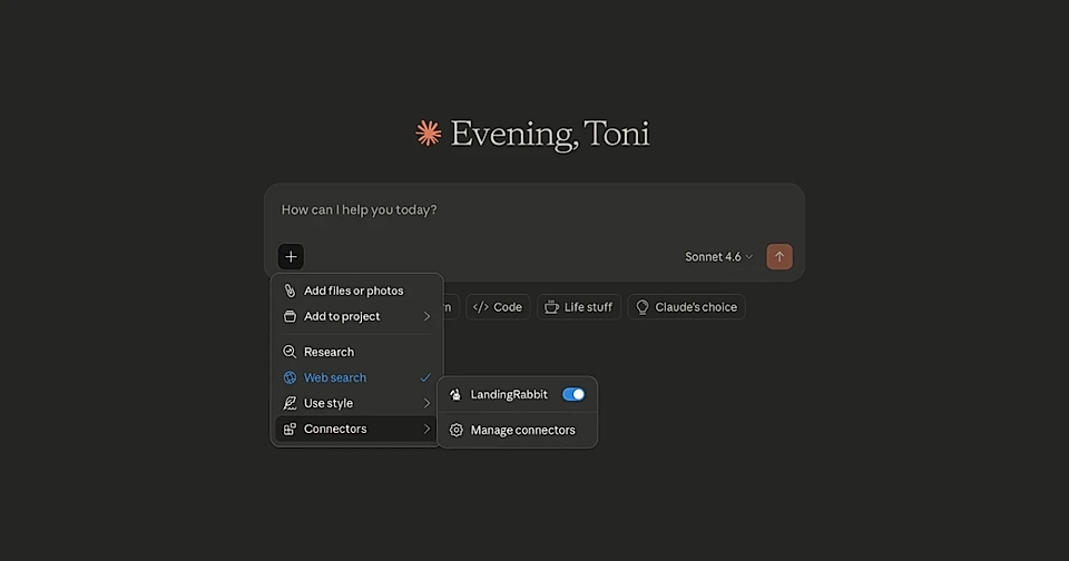 Screenshot of a user interface for a tool named 'Evening, Toni', featuring options for research and web search.