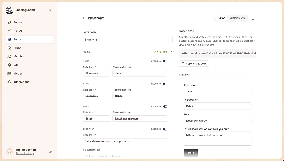 LandingRabbit form builder interface with fields for name, email, text area, etc.