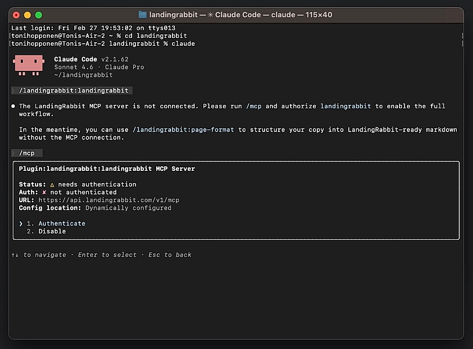 Screenshot of a terminal showing LandingRabbit MCP server status needing authentication, with command prompts.