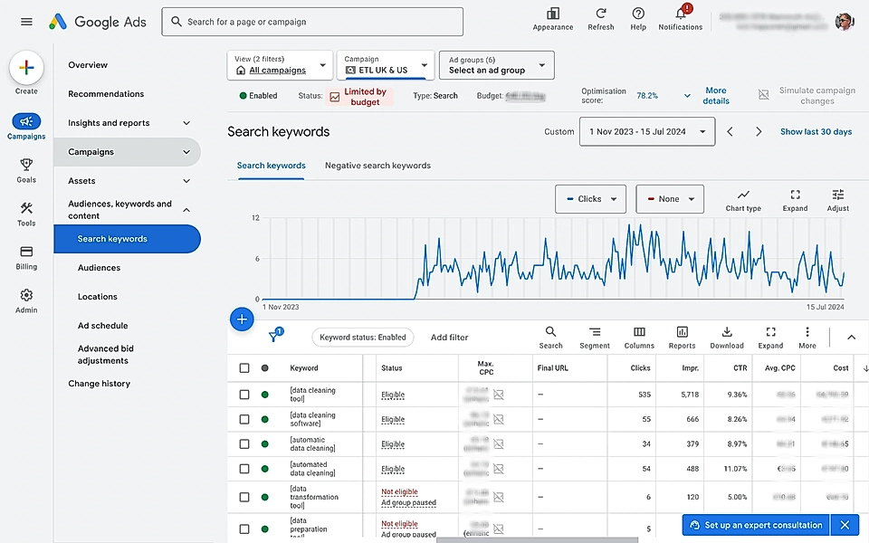 Search keywords view in the Google Ads user interface
