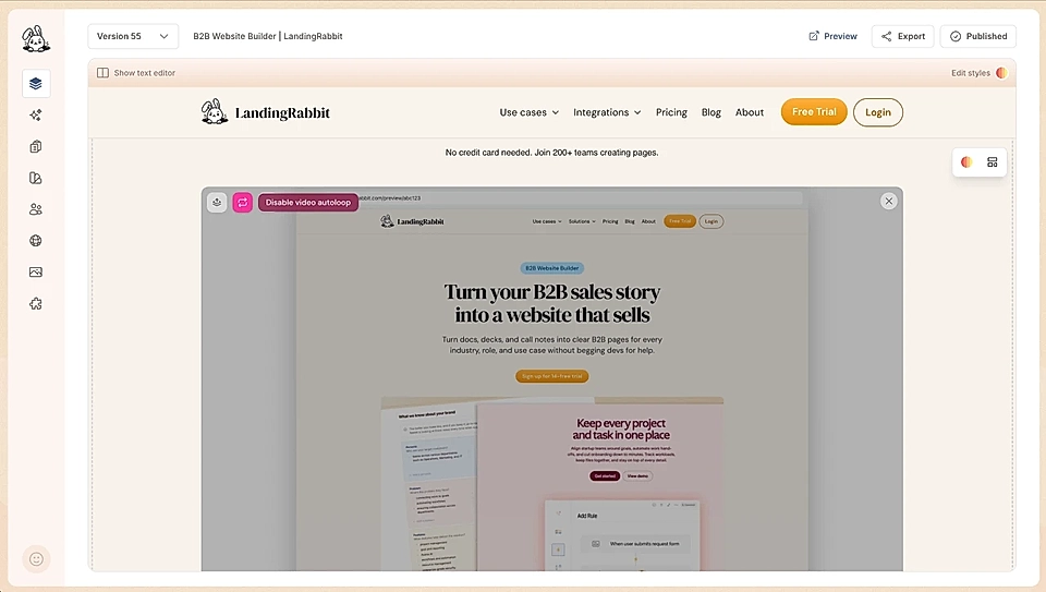 LandingRabbit page editor and a feature to enable/disable video autoloop