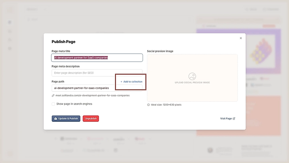 Screenshot of a webpage's Publish Page form for a SaaS company, featuring fields for title, description, and SEO settings.