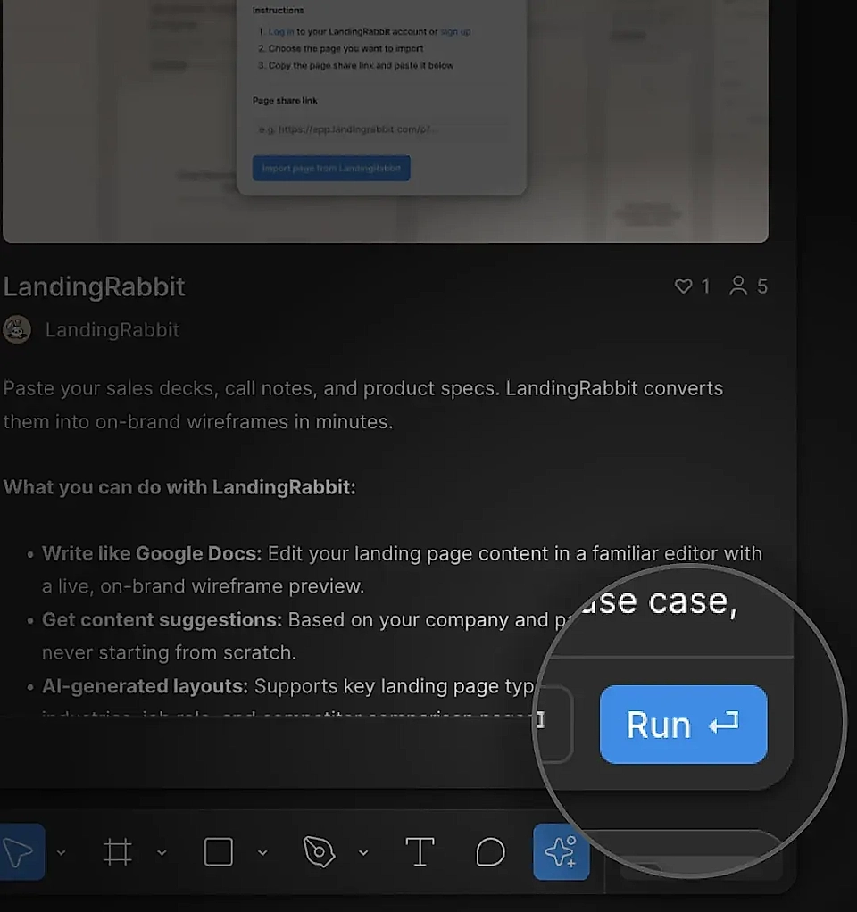Screenshot of Figma interface showing instructions for importing pages and features for creating wireframes.