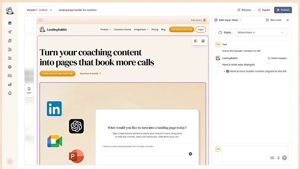Landing page builder dashboard with a coaching hero section, AI assistant panel, and publish/export controls