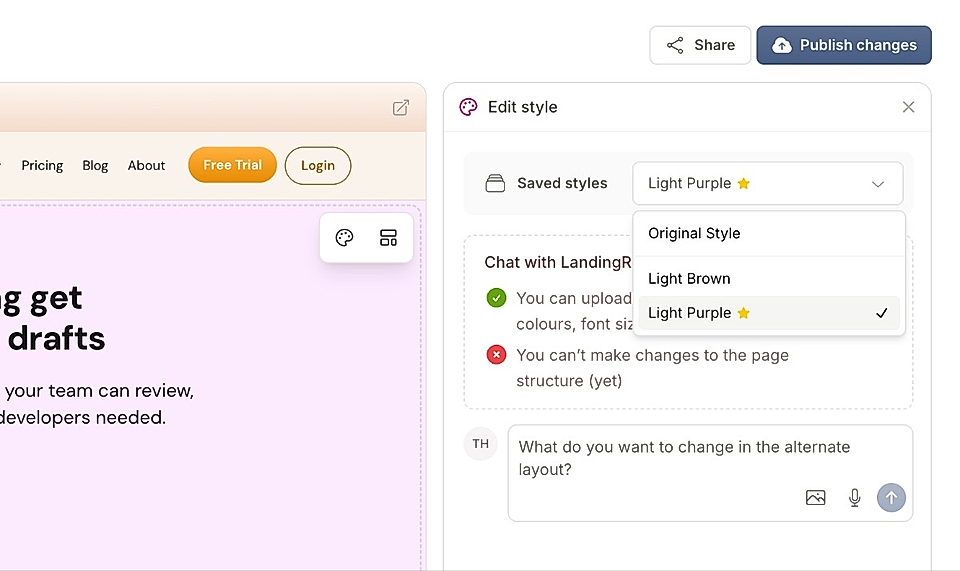 Screenshot of the LandingRabbit page editor showing styling options and chat features for user feedback.