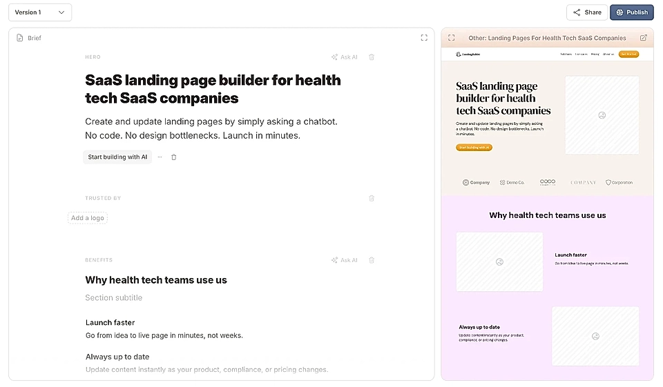 A landing page generated from text in Google Docs