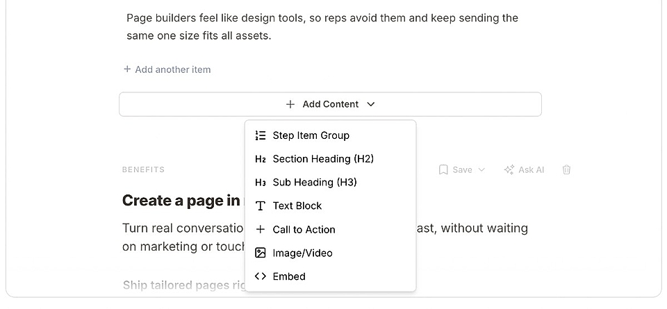 Screenshot of a content creation interface showing options like headings, text blocks, and media for page design.