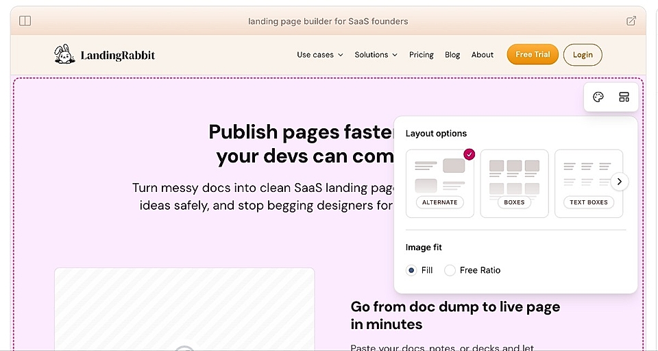 LandingRabbit webpage builder for SaaS, with layout options for a content section