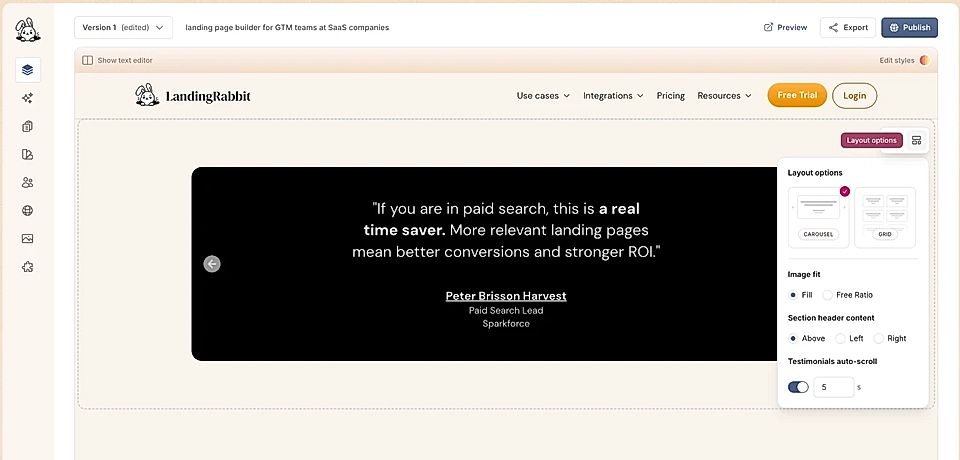 LandingRabbit page editor showing a testimonial section with layout options