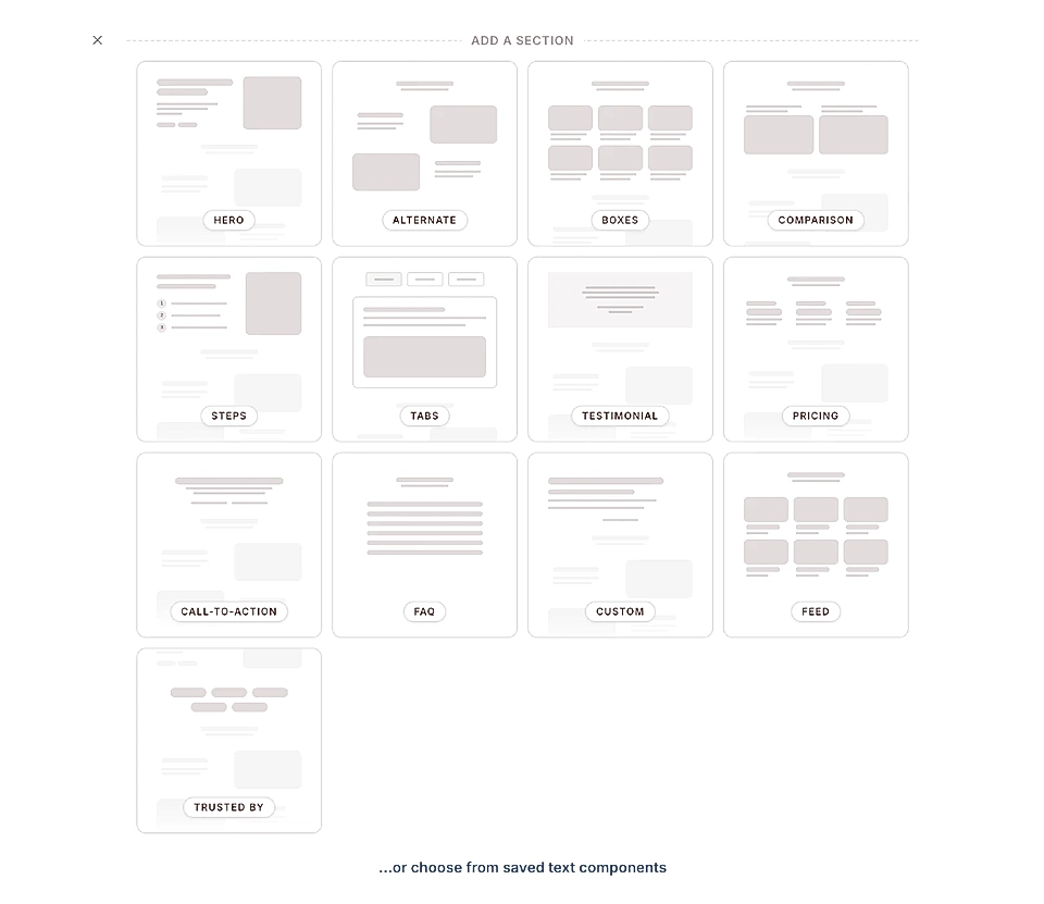 Website builder panel showing section templates such as Hero, Testimonials, Pricing, FAQ, and Feed.