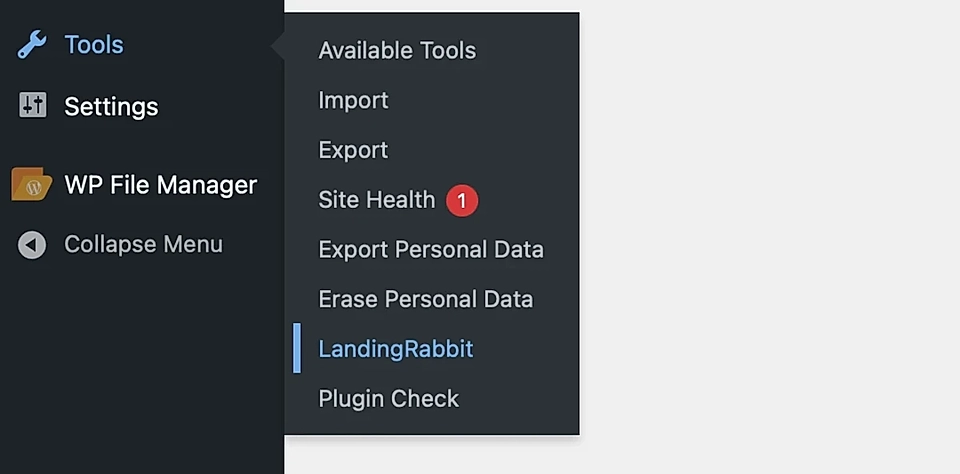 Choose LandingRabbit’s WordPress plugin from Tools in the WordPress admin