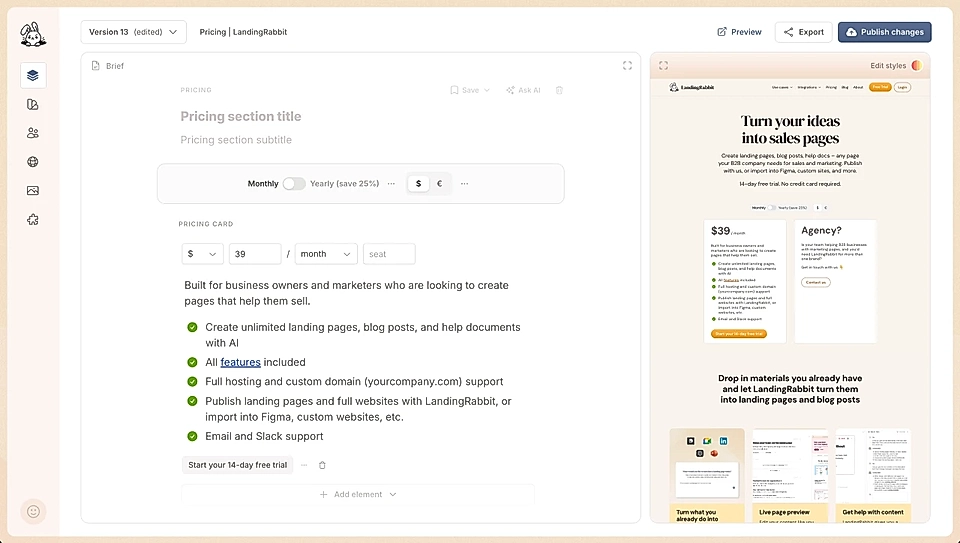 Screenshot of a landing page pricing section for LandingRabbit, displaying monthly and yearly plans with features listed.