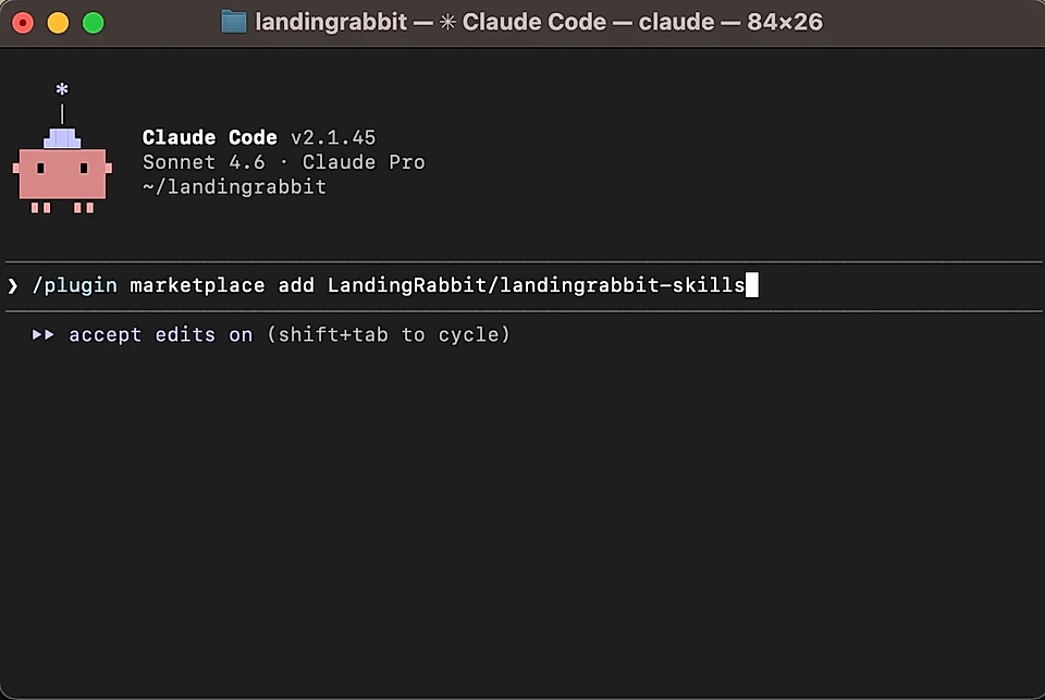 Screenshot of Claude Code interface showing plugin command input for adding LandingRabbit skills in a terminal window.