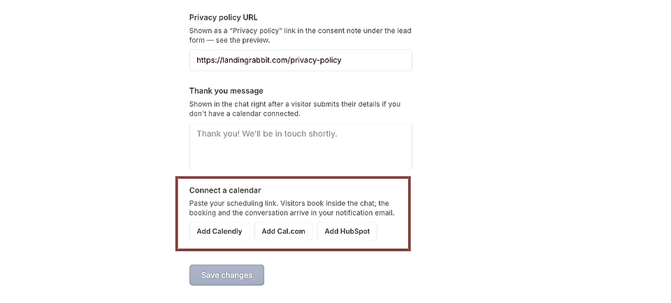 Ask AI chat widget settings with Calendly, Cal, and HubSpot integration