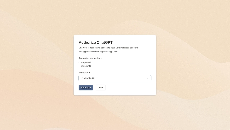 Authorization screen for ChatGPT accessing LandingRabbit account, displaying requested permissions and workspace selection.