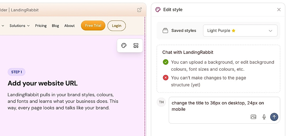 Screenshot of LandingRabbit's website builder interface, showcasing tyle editing options.