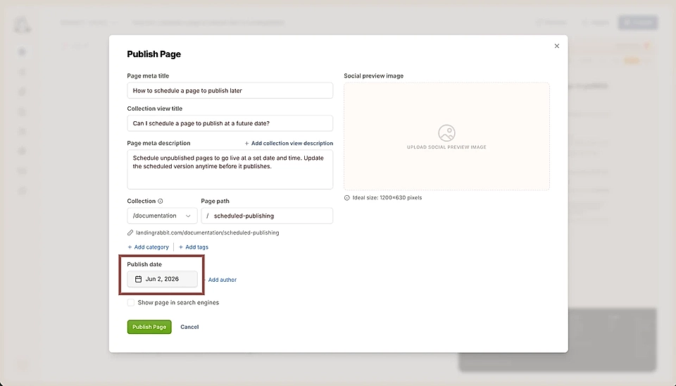 LandingRabbit publish page modal showing publishing date, meta title, description, and social preview image fields.