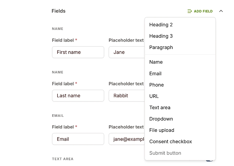 The available form fields list in LandingRabbit