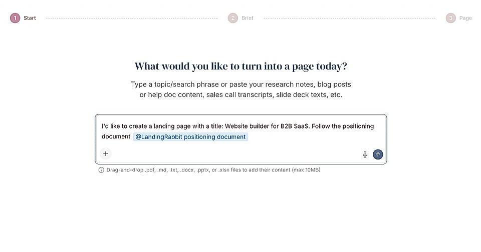Screenshot of a landing page creation tool for B2B SaaS, displaying a project input field and navigation steps.