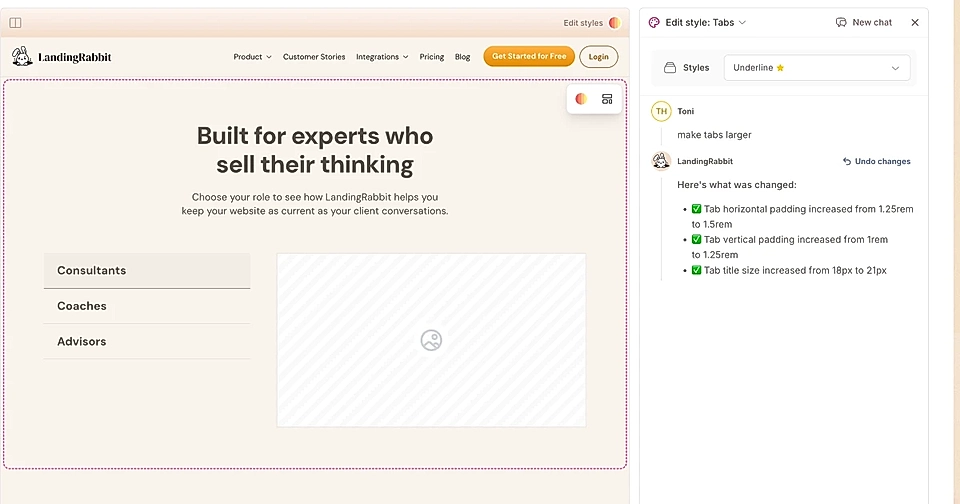 Editing styles in LandingRabbit and Tabs section
