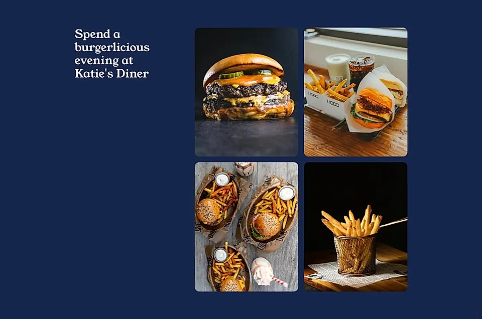 Diner promotional layout with the heading “Spend a burgerlicious evening at Katie’s Diner” beside photos of burgers, fries, and drinks.