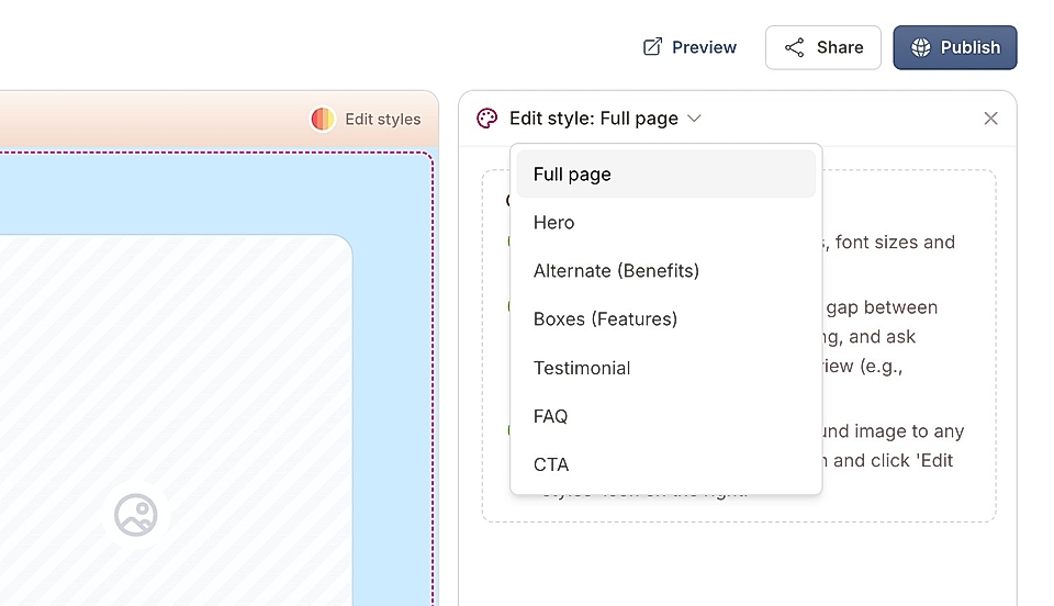 Screenshot of LandingRabbit editing tools showing style options for a webpage, including 'Full page', 'Hero', and 'FAQ'.