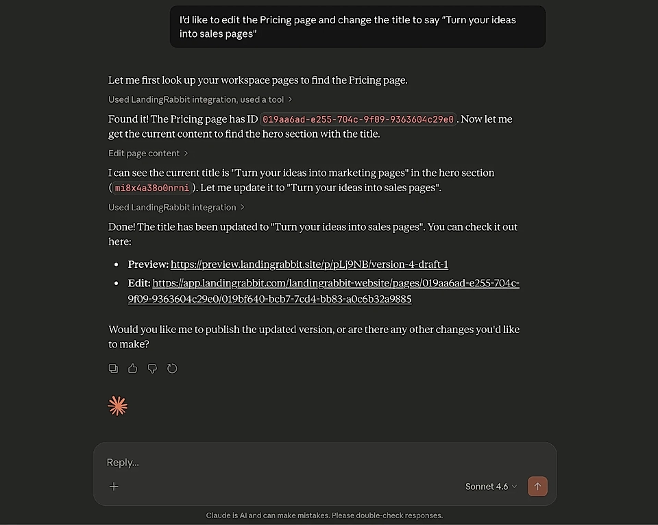Screenshot of a conversation editing a Pricing page title using LandingRabbit, showing updated title and links.