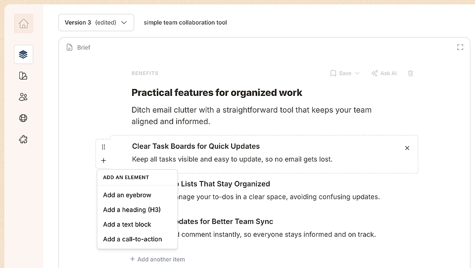 LandingRabbit page builder interface and options for content elements in the Boxes layout
