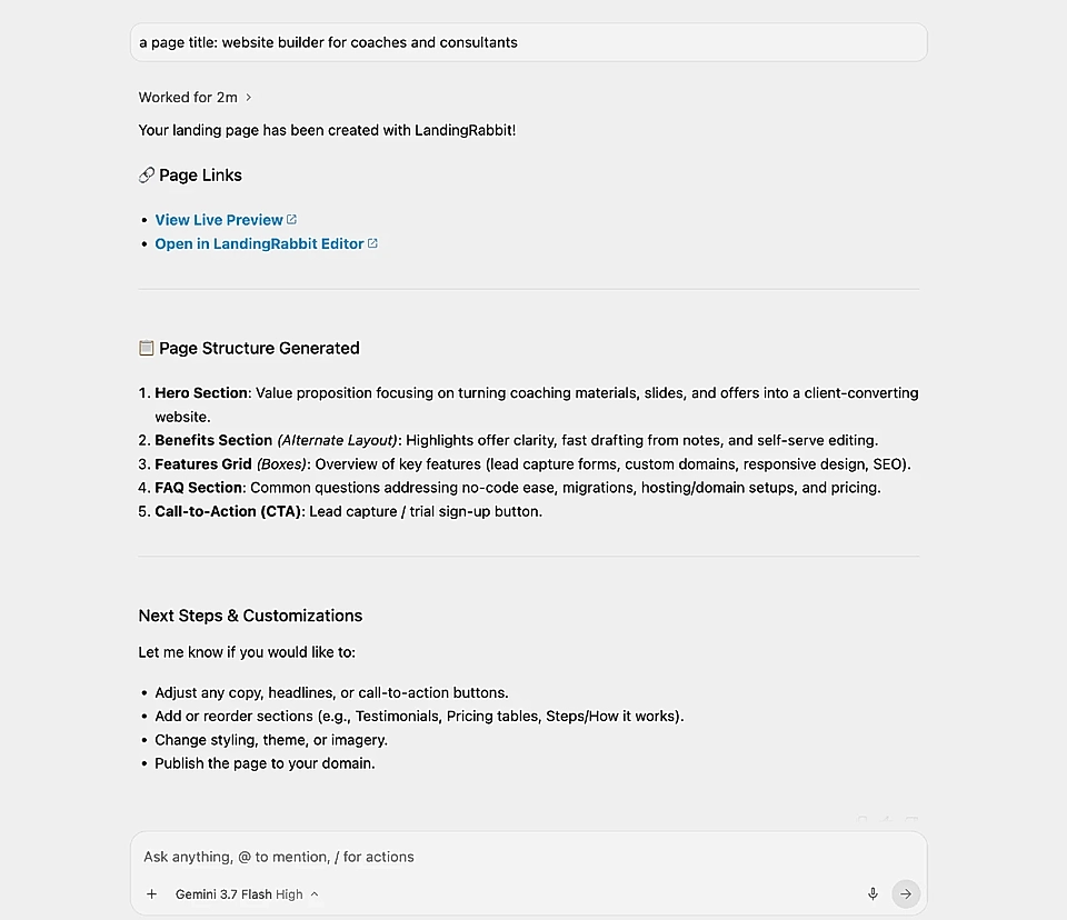 Antigravity's message saying a new page has been created with LandingRabbit