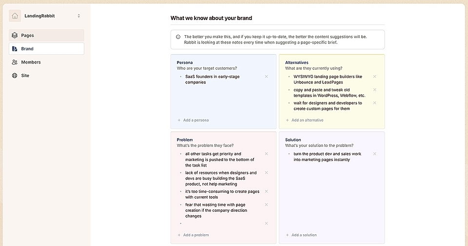 Screenshot of a brand strategy interface detailing persona, problem, alternatives, and solution for SaaS companies.