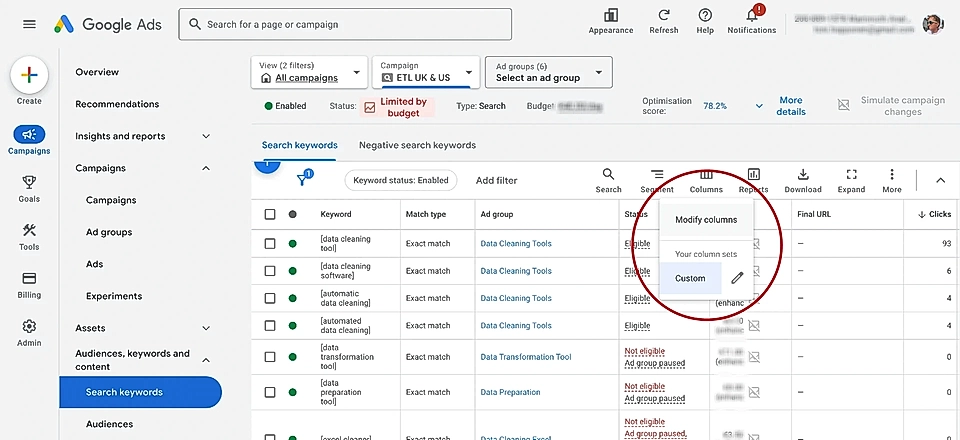 Modifying columns in the Google Ads user interface