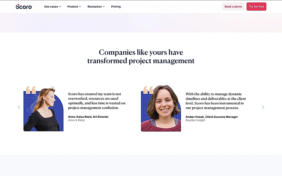 A testimonial section example on a SaaS landing page