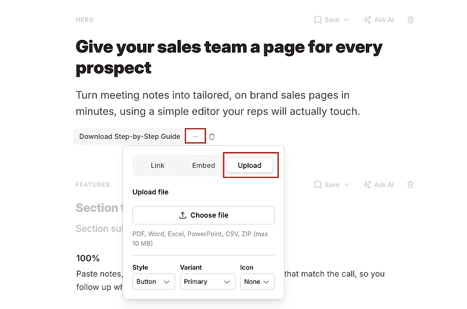 Screenshot of LandingRabbit page editor with an 'Upload' button and options to link or embed files
