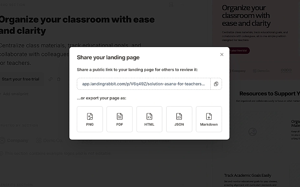 Landing page share modal with public link and export options for PNG, PDF, HTML, JSON, and Markdown