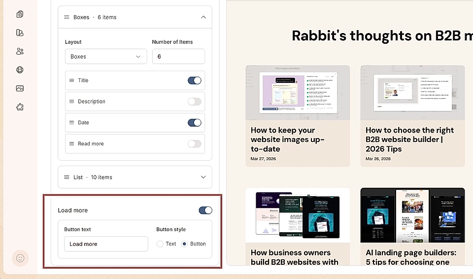 LandingRabbit Collection page editor view, including layout options, item count, and 'Load more' button settings.