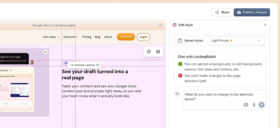 Screenshot of a landing page editor displaying Google Docs integration with text and design options.