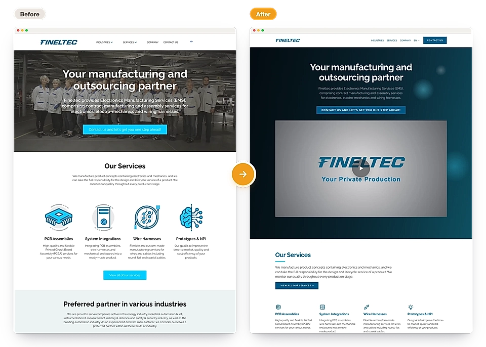 Before-and-after website redesign mockup for FINELEC with hero banner and services section.