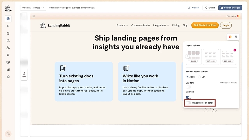 A toggle to turn on the reveal cards on scroll feature for the Boxes section Carousel